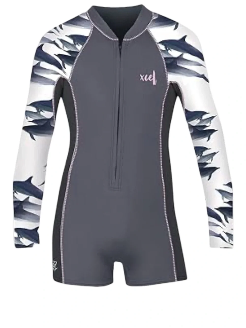 XCEL | Girls' Long Sleeve Shorty Wetsuit - Charcoal w/Dolphin Print Sleeves | 12